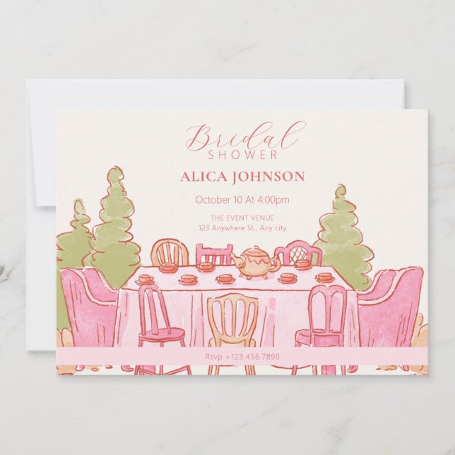 Pink feminine pastel tea party bridal shower invitation (Front)