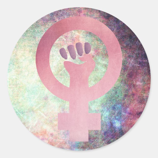 Pink Feminist Symbol on Multi-colour Grunge Textur Classic Round Sticker (Front)