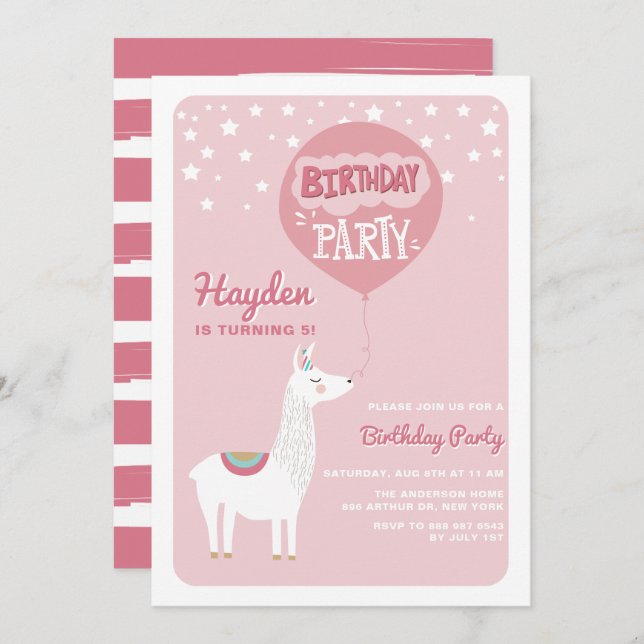 Pink Festive Alpaca Kids Birthday Party Invitation (Front/Back)