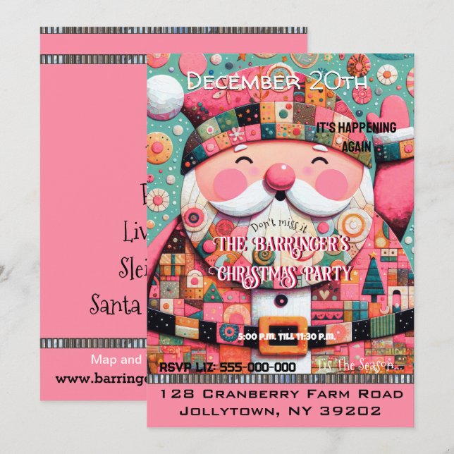 Pink Festive Chic Cheery Santa Annual Christmas   Invitation (Front/Back)