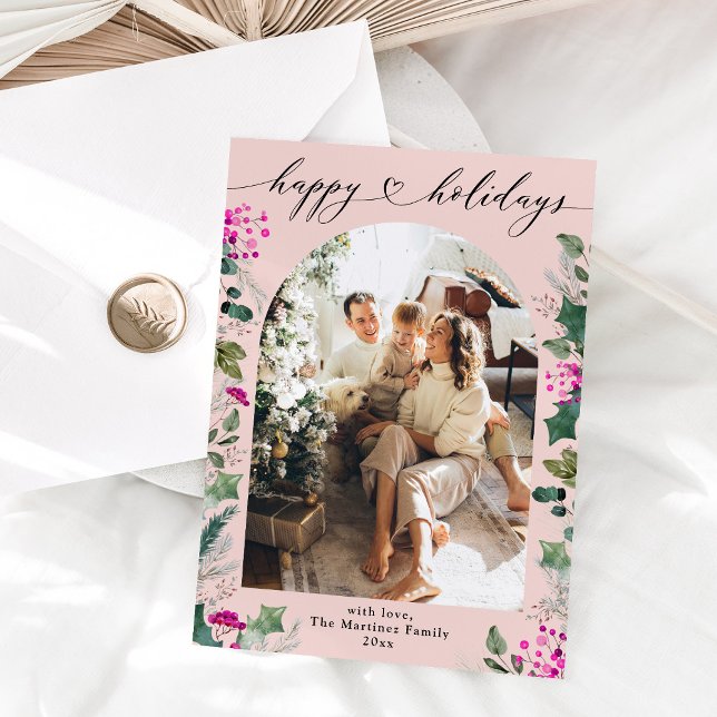 Pink & Festive Happy Holidays Photo Card (Creator Uploaded)