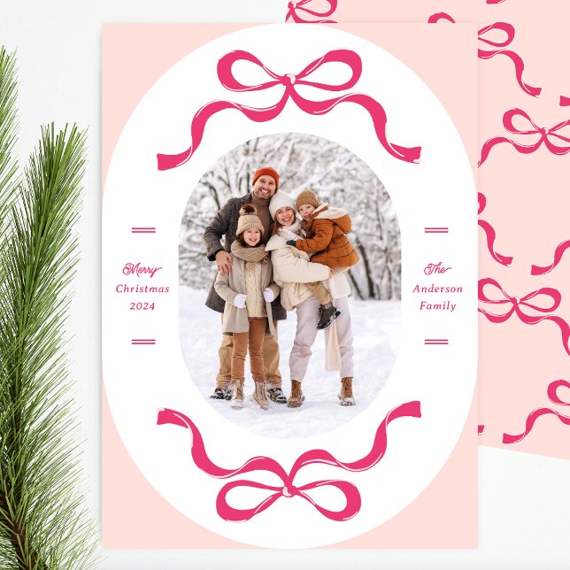 Pink Festive Retro Trendy Bows Oval Photo Holiday Card (Creator Uploaded)