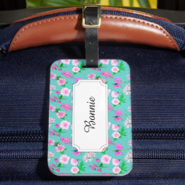 Pink field flowers on turquoise luggage tag
