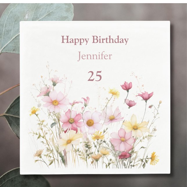 Pink Field Flowers Personalised Napkin (Creator Uploaded)