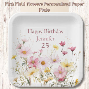 Pink Field Flowers Personalised Paper Plate