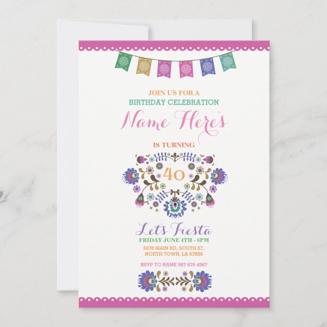 Pink Fiesta Birthday Floral Mexico Invitation (Front)