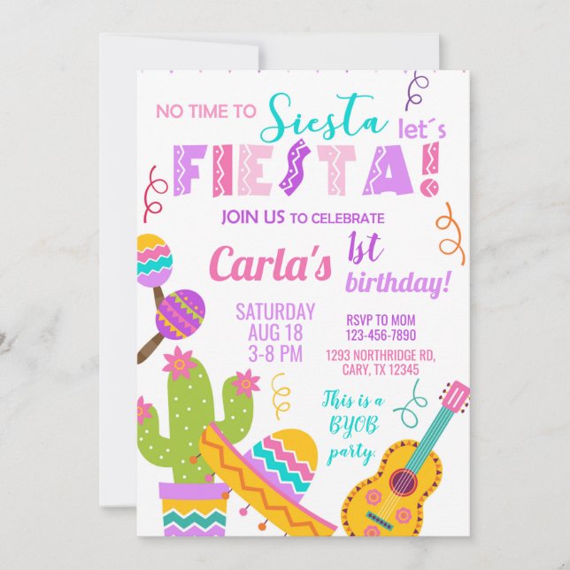 pink Fiesta girl birthday invitation, any age. Invitation (Front)