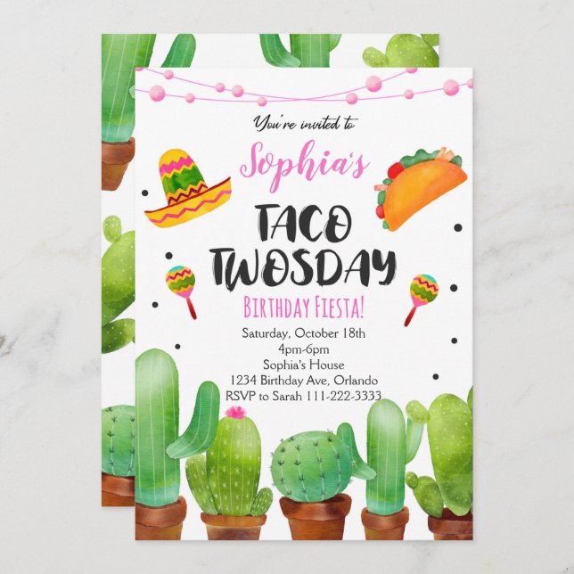 Pink Fiesta Taco Twosday Watercolor Cactus Invite (Front/Back)