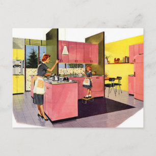 Pink Fifties Futuristic Kitchen Postcard