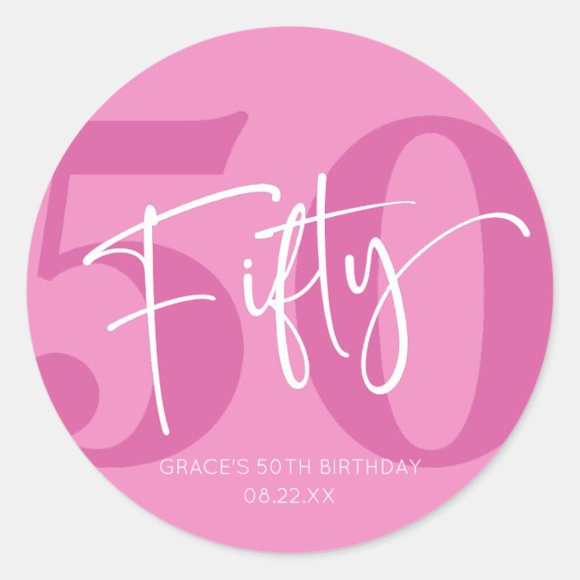 Pink Fifty 50th Fiftieth Birthday Party Favour Classic Round Sticker (Front)