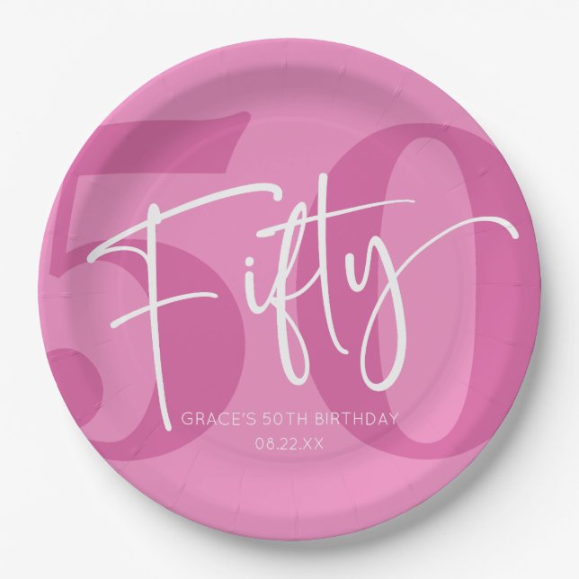 Pink Fifty 50th Fiftieth Birthday Party Paper Plate (Front)