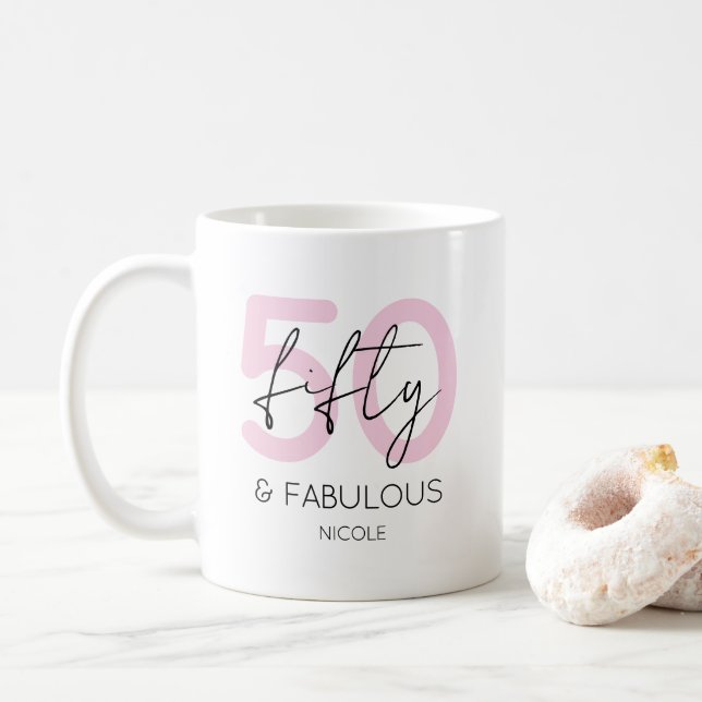 Pink Fifty and fabulous Modern 50th Birthday Party Coffee Mug (With Donut)