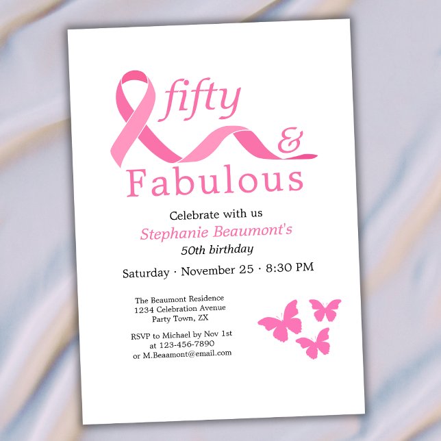 Pink Fifty Fabulous Fighting Cancer 50th Birthday Invitation (Creator Uploaded)