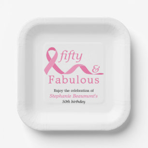 Pink Fifty Fabulous Fighting Cancer 50th Birthday Paper Plate