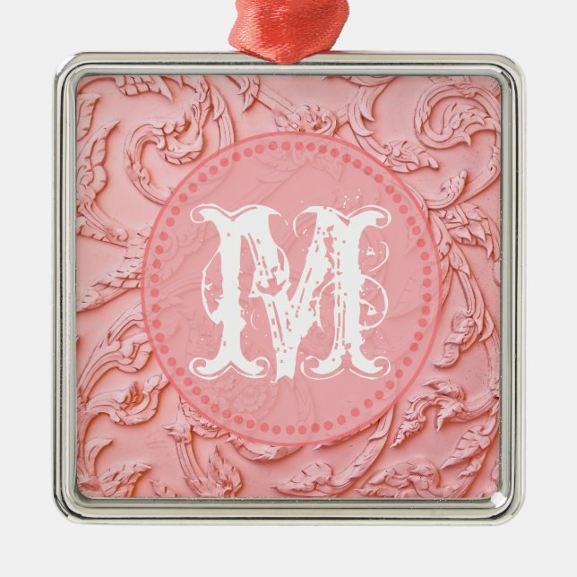 Pink Filigree Wood Carv Monogram Initial Ornament (Front)