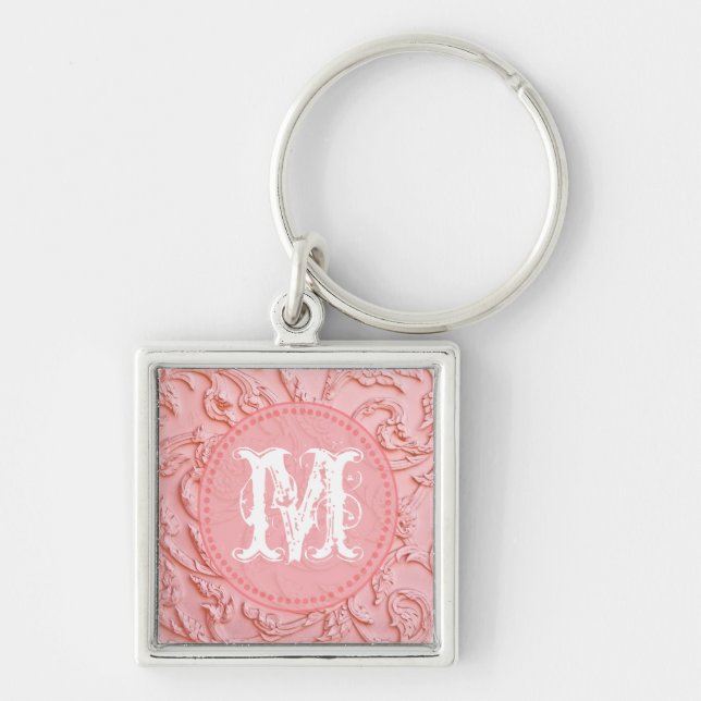Pink Filigree Wood Carving Floral Glam Key Chain (Front)
