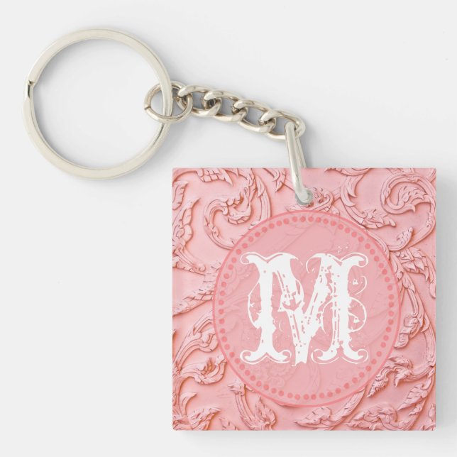 Pink Filigree Wood Carving Floral Glam Key Chain (Front)