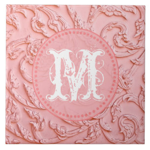 Pink Filigree Wood Carving Monogram Display Tile