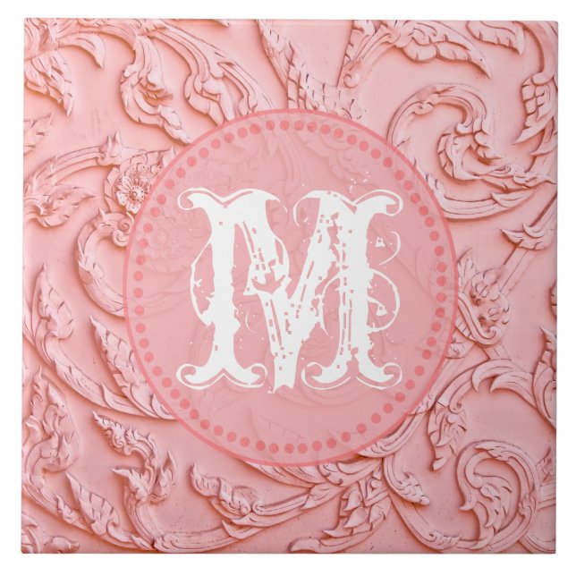 Pink Filigree Wood Carving Monogram Display Tile (Front)