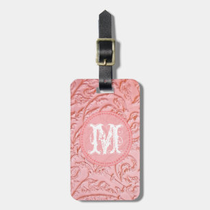 Pink Filigree Wood Carving Monogram Luggage Tag