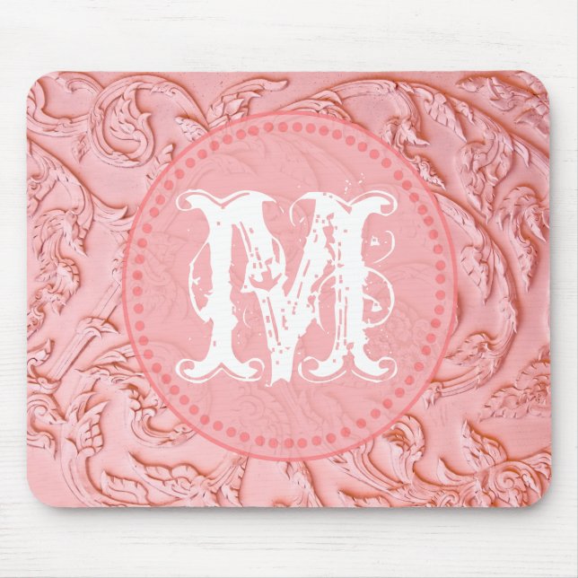 Pink Filigree Wood Monogram Initial Mouse Pad (Front)