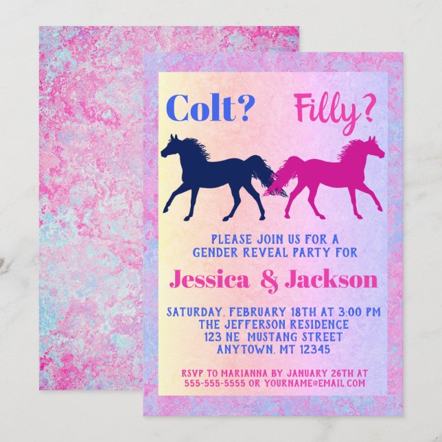 Pink Filly & Blue Colt Western Style Gender Reveal Invitation (Front/Back)