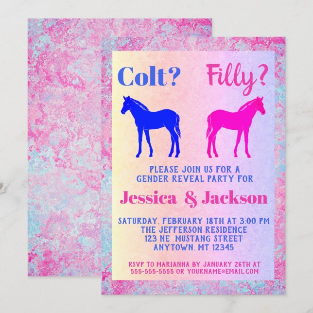 Pink Filly & Blue Colt Western Style Gender Reveal Invitation (Front/Back)