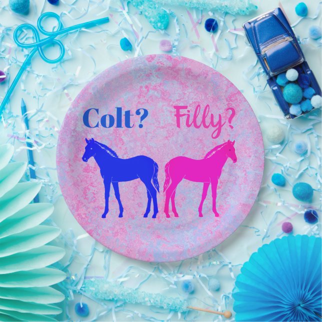 Pink Filly & Blue Colt Western Style Gender Reveal Paper Plate (Party)