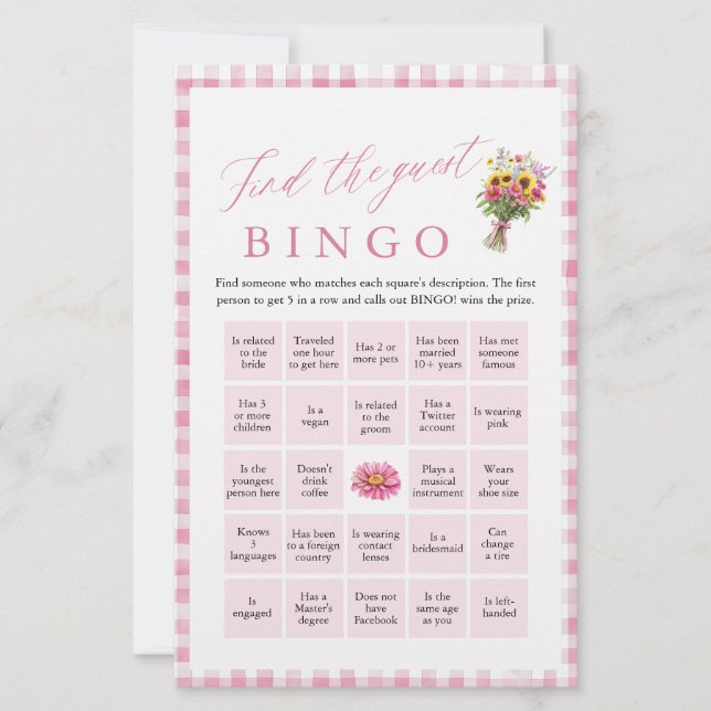 Pink Find the Guest Bingo Bridal Shower Game (Front)