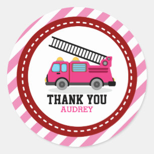 Pink Fire Engine Truck Party Thank You Favour Classic Round Sticker