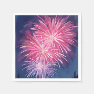 Pink Fireworks Happy New Year Watercolor Napkin