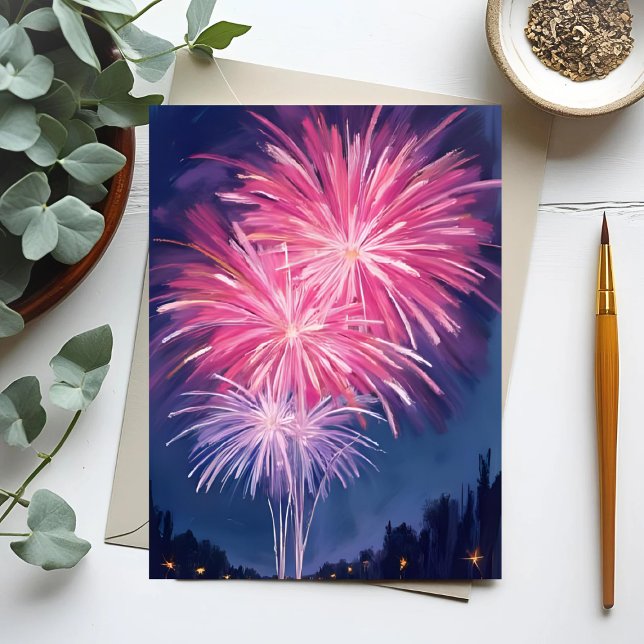 Pink Fireworks | Happy New Year Watercolor Postcard (Creator Uploaded)