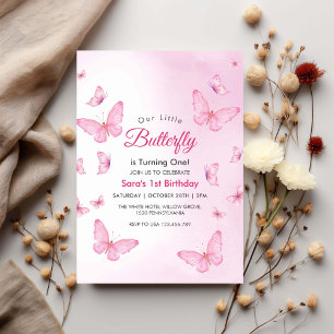 Pink First 1st Birthday Butterflies Party Invitation