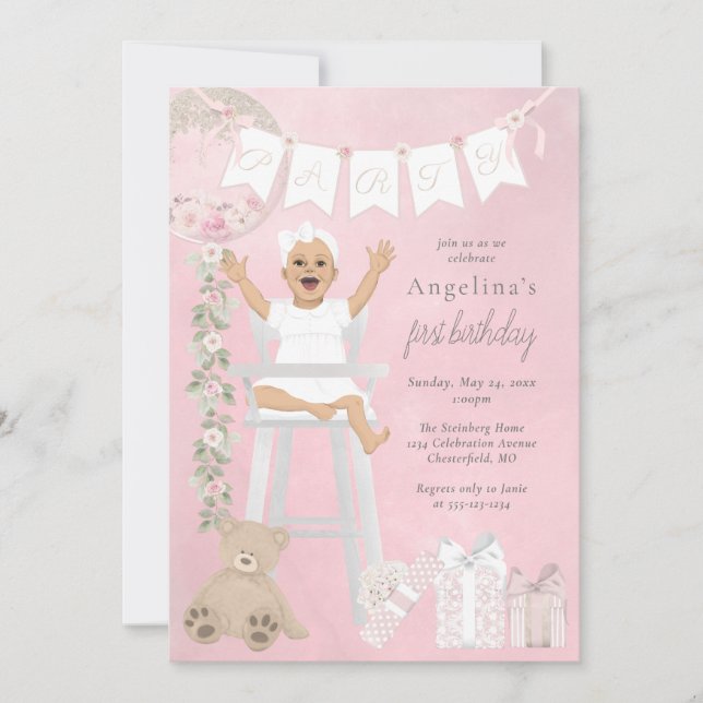 Pink First Birthday Baby Girl in Highchair Invitation (Front)