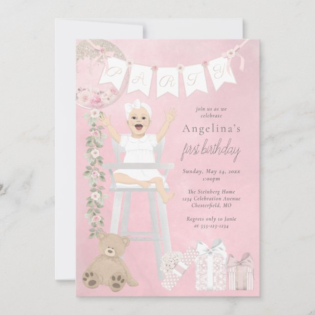 Pink First Birthday Baby Girl in Highchair Invitation (Front)