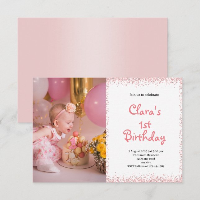 Pink First Birthday Baby Girl Photo Invitation (Front/Back)