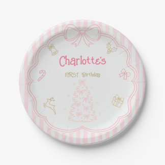 Pink First Birthday Christmas Paper Plate