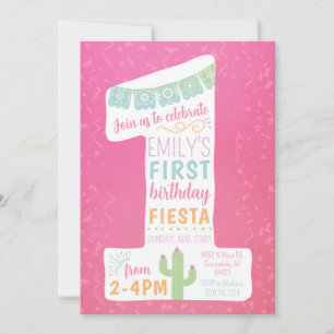 Pink First Birthday Fiesta Party Invitation