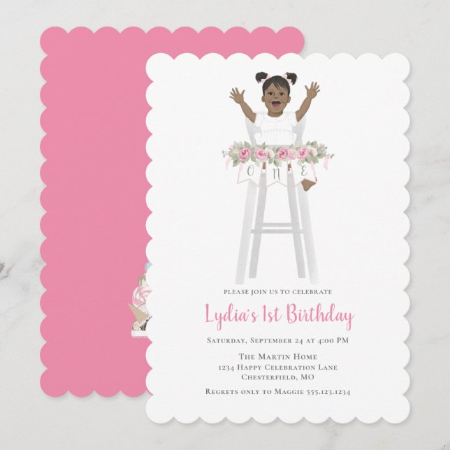 Pink First Birthday Girl High Chair Invitation (Front/Back)
