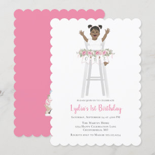 Pink First Birthday Girl High Chair Invitation