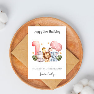 Pink First Birthday Leaf Safari Animals Card