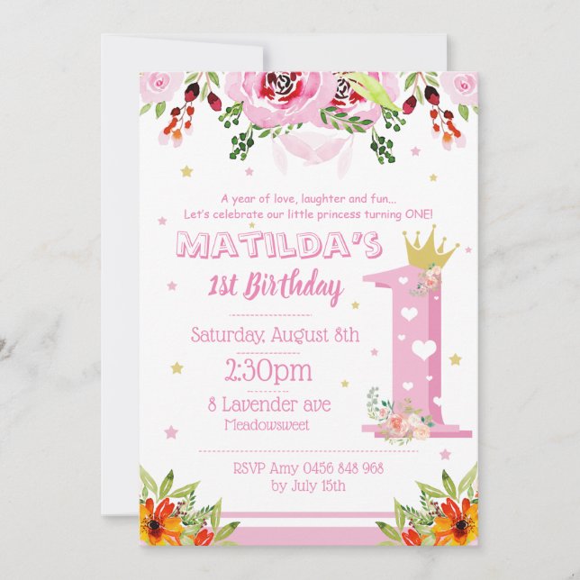 Pink First Birthday Princess GIrl Floral Flowers Invitation (Front)