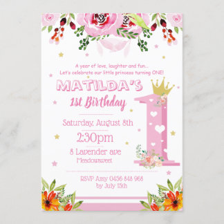 Pink First Birthday Princess GIrl Floral Flowers Invitation