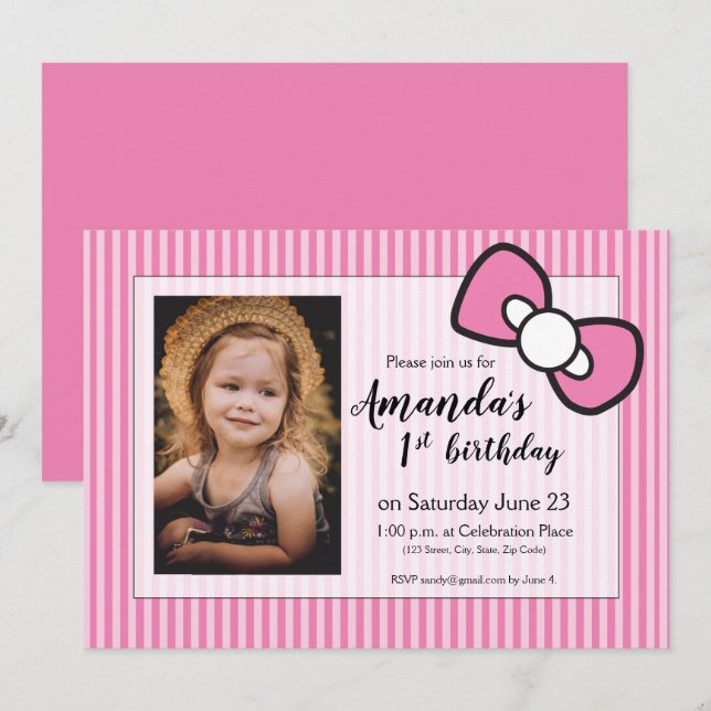 Pink First birthday, stripes, bow, personalised Invitation (Front/Back)
