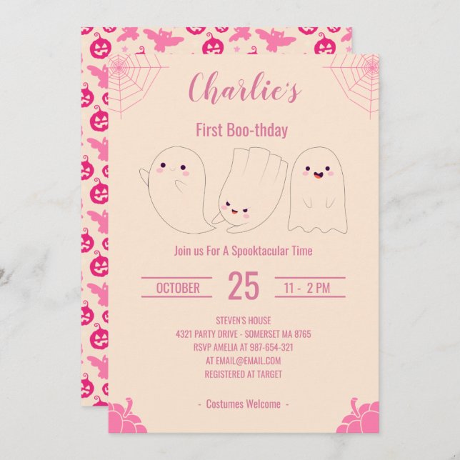 Pink First Boo-thday Custom Halloween Birthday Invitation (Front/Back)