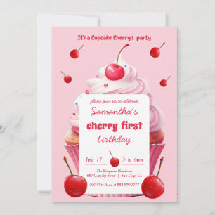 Pink First Cherry & Cupcake Birthday Party  Invitation