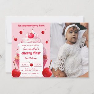 Pink First Cherry & Cupcake Birthday Party Photo Invitation