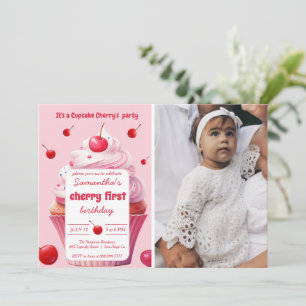 Pink First Cherry & Cupcake Birthday Party Photo Invitation