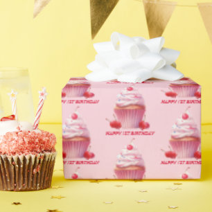 Pink First Cherry & Cupcake Birthday Party  Wrapping Paper