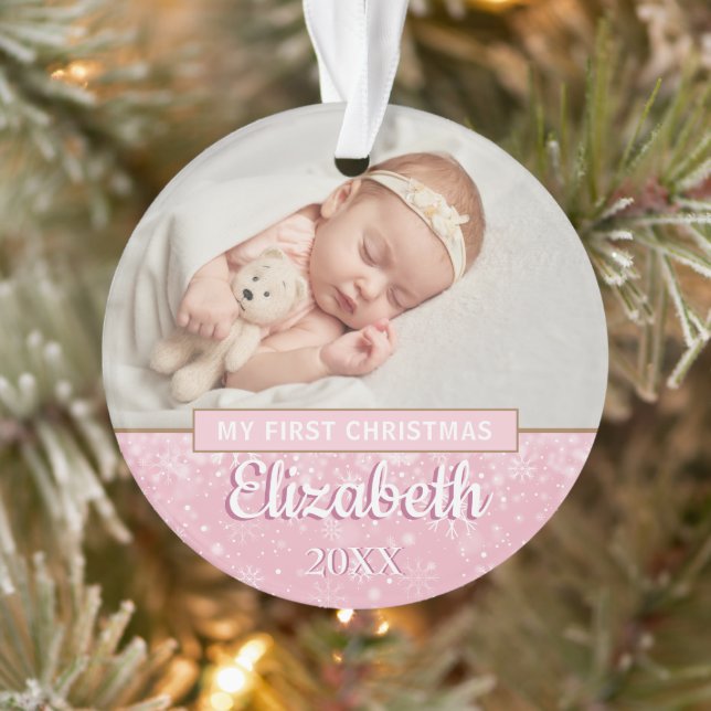 Pink First Christmas Baby's Photos Snowflakes Ornament (Tree)